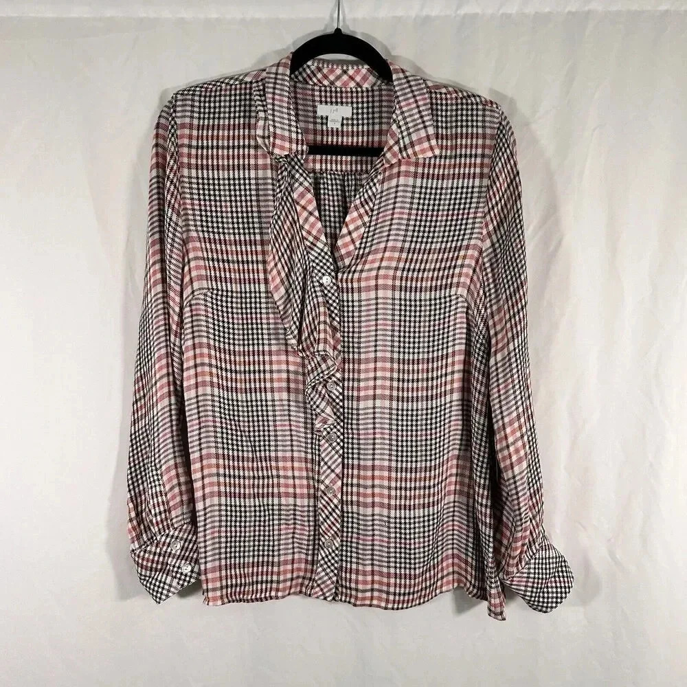 J Jill Blouse Women's Small Pink White Button Up Long Sleeve Vneck Rayon